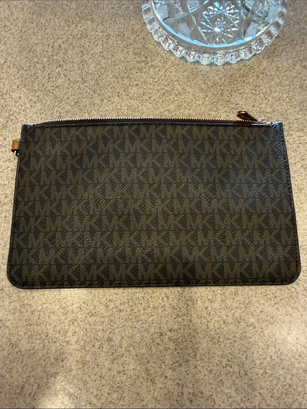 Michael Kors brown Signature Logo Zip Pouch 3 card slots, no strap, gold